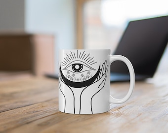 Minimalist Moon Phases Mug | 11oz Black & White Lunar Cycle Ceramic Coffee Cup | Modern Celestial Line Art Gift