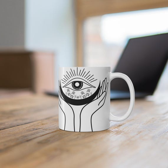 Minimalist Moon Phases Mug | 11oz Black & White Lunar Cycle Ceramic Coffee Cup | Modern Celestial Line Art Gift