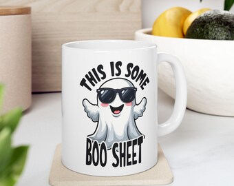 This Is Some Boo Sheet Ghost Mug - Funny Halloween Ghost Coffee Mug with Sunglasses - Cute & Spooky Coffee Cup for Home or Office