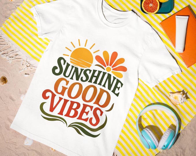 Sunshine Good Vibes T-Shirt | Retro Summer Graphic Tee | Positive Quote Shirt for Women, Teens & Teachers