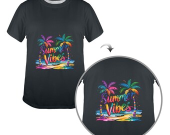 Colorful Summer Vibes Shirt Tropical Beach Palm Trees Rainbow Aesthetic Vacation Graphic Tee Fun Holiday Party Outfit Gift Idea
