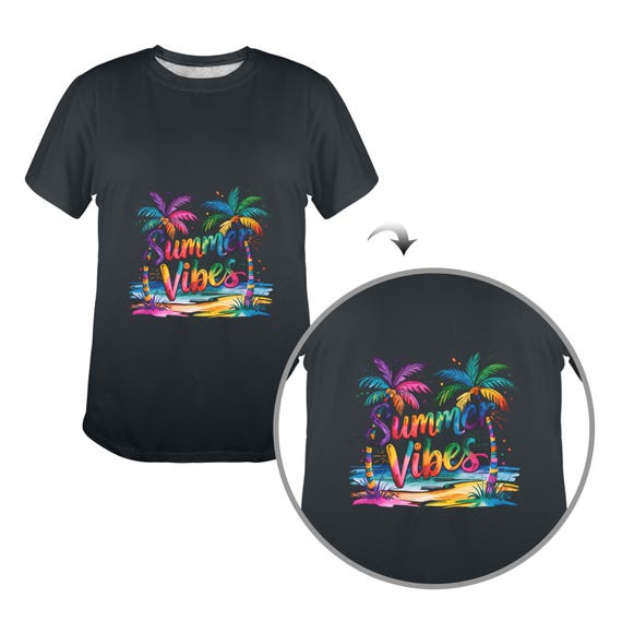 Colorful Summer Vibes Shirt Tropical Beach Palm Trees Rainbow Aesthetic Vacation Graphic Tee Fun Holiday Party Outfit Gift Idea