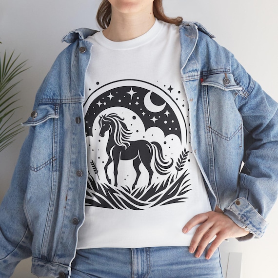 Mystical Horse T-Shirt Design, Celestial Horse and Moon Graphic Tee, Night Sky Horse Silhouette, Boho Magical Animal Art Shirt, Horse Lovers