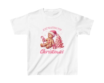 Kids Christmas Shirt – Cute Gingerbread Santa Hat & Pink Christmas Tree – “Just Waiting for Christmas” Holiday Tee