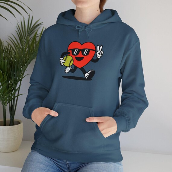 Cool Heart Playing Softball Cartoon Heavy Blend Hoodie, Softball Lover Gift, Funny Sports Graphic, Softball Fan Apparel, Game Day