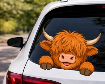 Pegatina de vaca de las Tierras Altas para coche, pegatina de vinilo de vaca asomándose, pegatina de vaca esponjosa para ventana, pegatina de parachoques de animales de granja, regalo para amantes de las vacas, ganado escocés