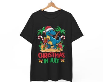 Christmas in July Dino Shirt | Santa T-Rex Funny Tee | Summer Holiday Shirt for Kids or Adults