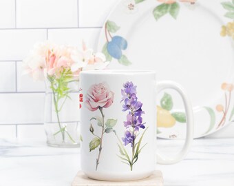 Mug Deluxe 15oz, Large Floral Ceramic Mug, Oversized Coffee Cup, Dishwasher Safe, Customizable Flower Design Mug, Personalized Drinkware Gif