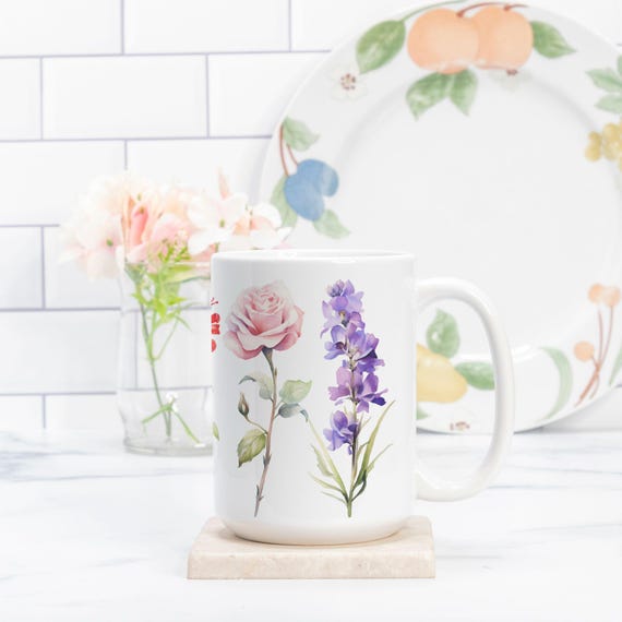 Mug Deluxe 15oz, Large Floral Ceramic Mug, Oversized Coffee Cup, Dishwasher Safe, Customizable Flower Design Mug, Personalized Drinkware Gif
