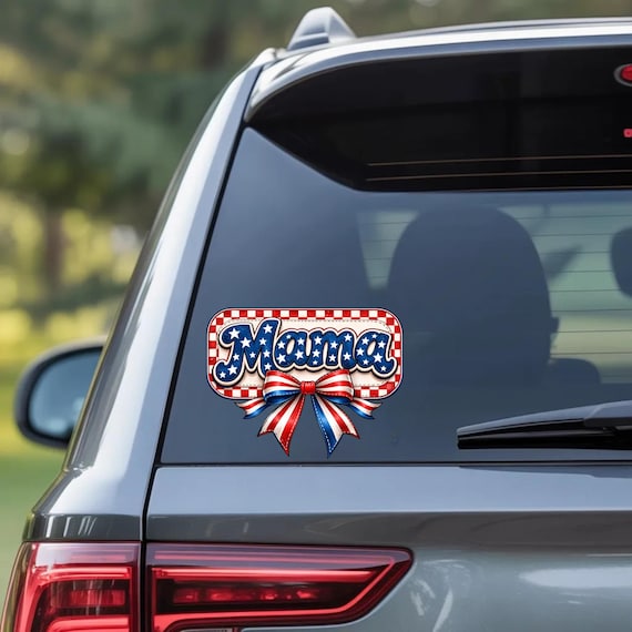 Patriotic "Mama" Script Sticker Kiss-Cut Vinyl Decal | Red White Blue Bow