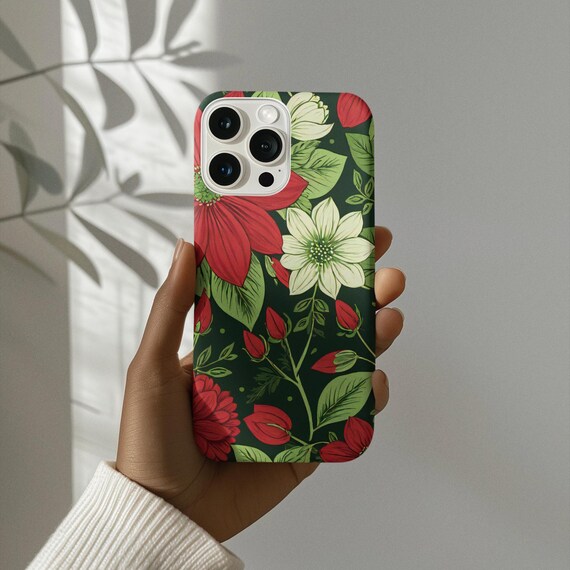 Floral Tough Cases, Clear Slim Phone Cases, Red and Green Flowers Flexi Cases, Phone Cases for Tough Protection and Style, Floral Phone