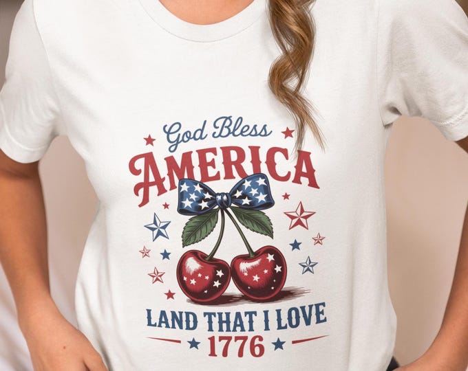 God Bless America Cherry T-Shirt | Unisex 4th of July Patriotic Tee | USA Vintage Graphic Shirt