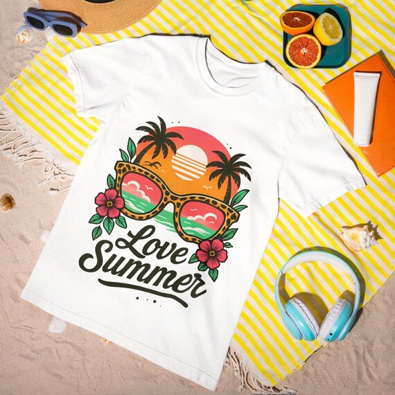 Love Summer Leopard Sunglasses T-Shirt - Trendy Tropical Sunset Tee for Women, Retro Beach Vibes Shirt
