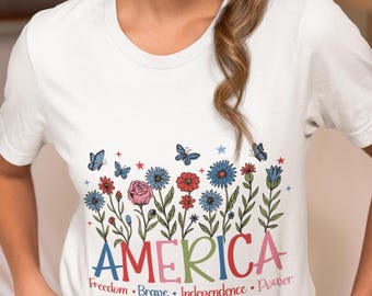 Floral Patriotic T-Shirt | Unisex USA Freedom Tee | 4th of July Red White Blue Shirt