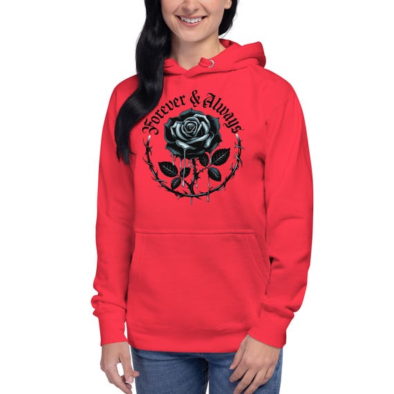 Gothic Black Rose Unisex Hoodie – Forever & Always, Dark Aesthetic, Edgy Romantic Pullover