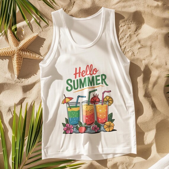 Hello Summer tank top - Colorful Tropical Drink Graphic Tee, Fun Vacation tank top for Summer Lovers, Retro Juice Aesthetic