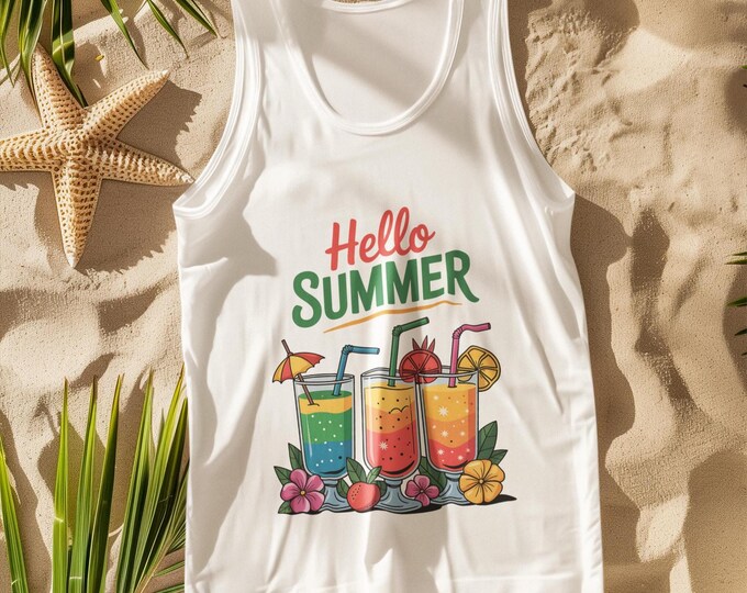 Hello Summer Tank Top | Colorful Tropical Drink Shirt | Cute Unisex Sleeveless Tee for Beach & Vacation
