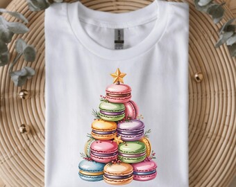 Cute Macaron Christmas Tree Shirt | Holiday Baking Aesthetic | Cute Dessert Winter Tee | Pastel Christmas Shirt | Kawaii Sweets Top