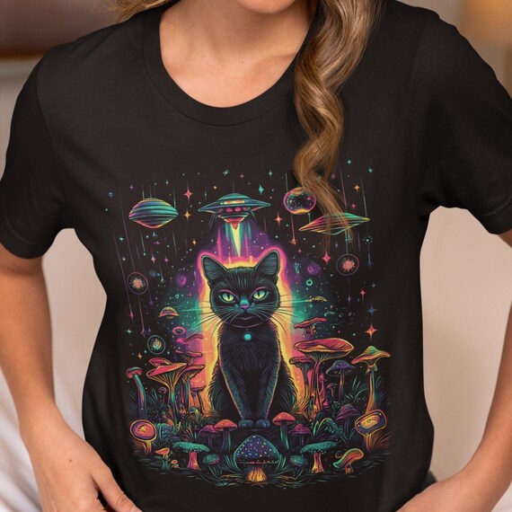 Psychedelic Portal Cat T-Shirt with Vibrant Cosmic Artwork and Trippy Galaxy Fantasy Design