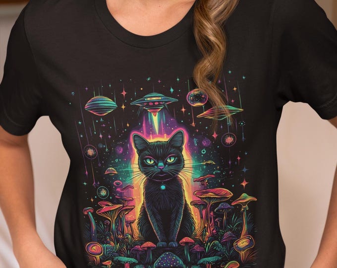 Psychedelic Portal Cat T-Shirt with Vibrant Cosmic Artwork and Trippy Galaxy Fantasy Design