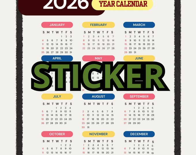 2026 Yearly Calendar Sticker for Car, Laptop, Wall, and Office Decor