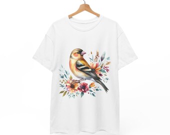 Watercolor Finch T-Shirt | Floral Bird Tee for Women | Nature-Inspired Graphic Shirt Gift