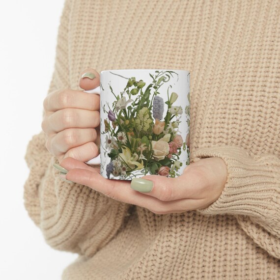 Floral Ceramic Mug 11 oz – Handmade Flower Coffee Cup, Microwave & Dishwasher Safe