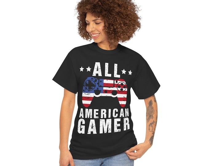 All American Gamer T‑Shirt – Patriotic Video Game Tee for 4th of July & USA Pride