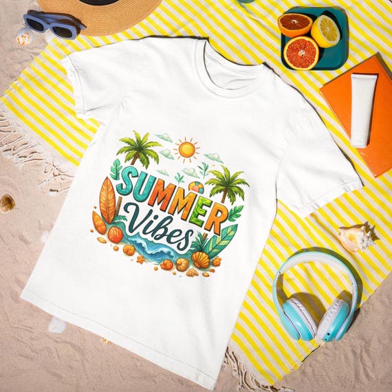 Summer Vibes Unisex T-Shirt - Tropical Beach Graphic Tee, Palm Tree & Shell Design, Ethical USA Cotton