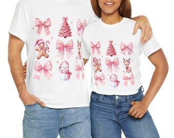Christmas Bows Tee, Holiday Gingerbread Reindeer Shirt, Festive Xmas Top, Cute Pink Unisex T-Shirt, Winter Seasonal Apparel