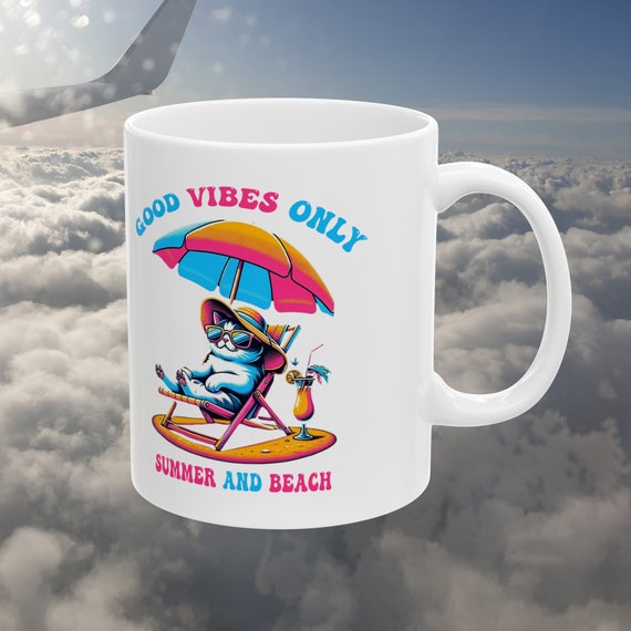Good Vibes Only Cat Summer Mug | Colorful Beach Design, Fun Gift for Cat Lovers & Coffee Enthusiasts