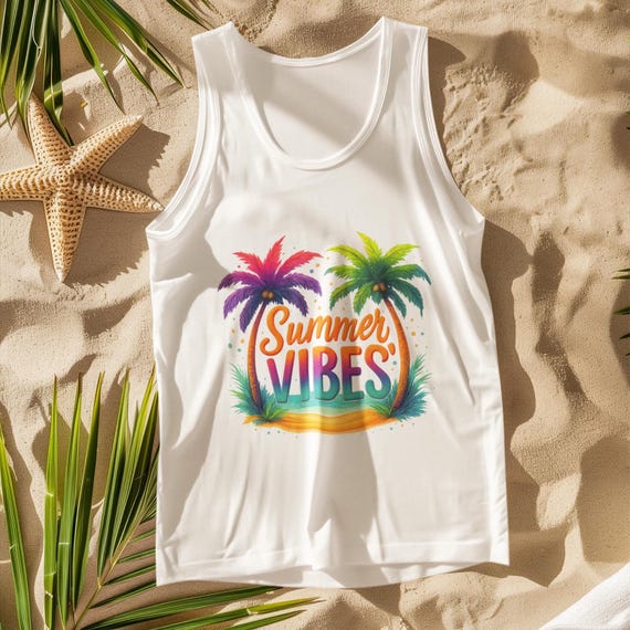 Summer Vibes Unisex Tank - Colorful Palm Tree Beach Tank Top, Tropical Sleeveless Shirt