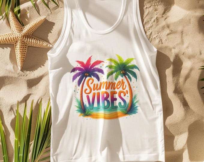 Summer Vibes Tank Top | Colorful Palm Tree Graphic Shirt | Unisex Tropical Sleeveless Tee for Beach & Vacation