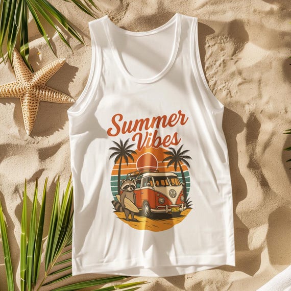 Summer Vibes Tank Top - Retro Raccoon Beach Van Tee, Surf & Sunset Graphic Unisex Tank Top,
