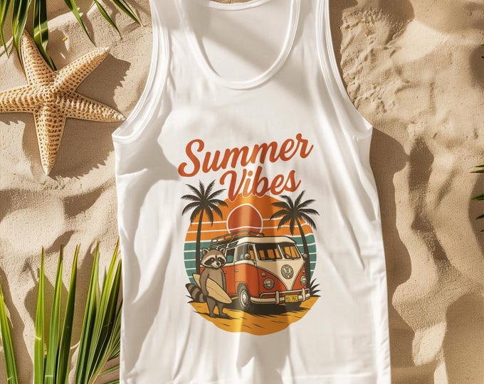 Summer Vibes Raccoon Tank Top | Funny Animal Beach Shirt | Cute Sleeveless Tee for Nature & Vacation Lovers