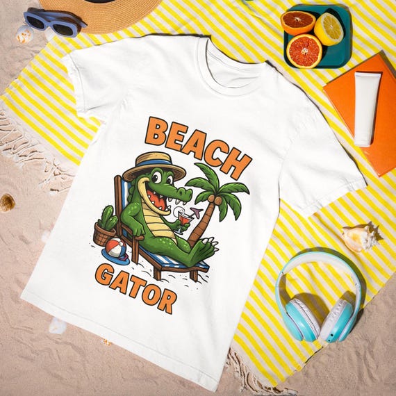 Beach Gator T-Shirt - Funny Summer Alligator Graphic Tee, Vacation Shirt, Tropical Animal Beachwear