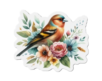 Watercolor Finch Magnet | Floral Bird Die-Cut Fridge Decor | Cute Nature Gift for Bird Lovers