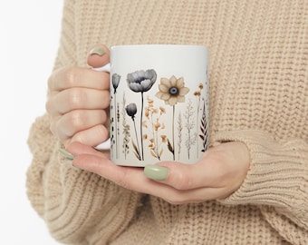 Boho Wildflowers Cottagecore Mug – Pastel Floral Ceramic Cup, Coffee Tea Cup Gift, Botanical Decor Kitchenware