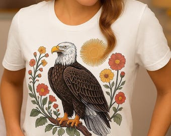 Bald Eagle T-Shirt with Wildflowers & Sun | Vintage Boho Wildlife Art, Rustic Nature Shirt for Nature Lovers