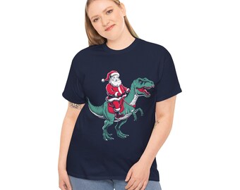 Funny Santa Riding Dinosaur Christmas T-Shirt | Men's & Women's Holiday Tee | Dino Xmas Gift Shirt