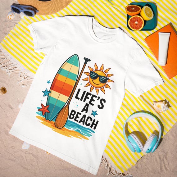 Life's a Beach T-Shirt - Colorful Surfboard & Sun Graphic Tee, Summer Beach Vibes Unisex Shirt