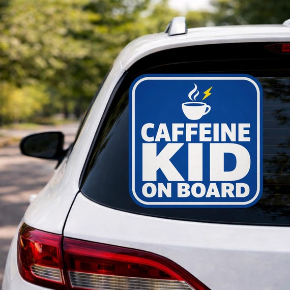 Caffeine Kid On Board Car Decal Coffee Die-Cut Vinyl Sticker for Cars and Windows Fun Child Safety Signs