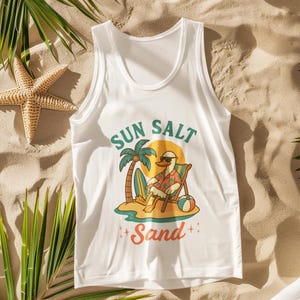 Sun Salt Sand Tank Top | Funny Duck Beach Shirt | Sleeveless Summer Graphic Tee for Men & Women