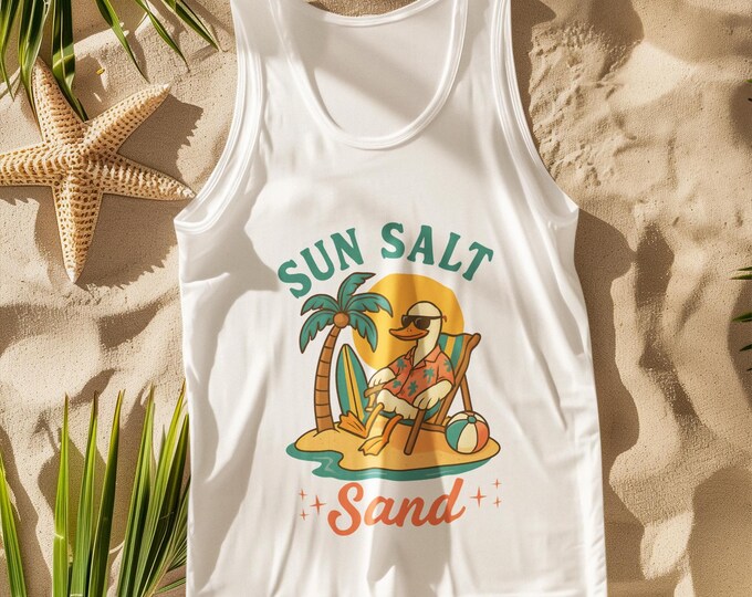Sun Salt Sand Tank Top | Funny Duck Beach Shirt | Sleeveless Summer Graphic Tee for Men & Women