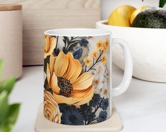 Pressed Flowers Mug – Boho Cottagecore Floral Coffee Cup, Vintage Botanical Tea Mug, Pastel Wildflower Gift for Nature or Garden Lovers