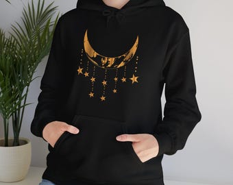 Golden Moon Stars Hoodie | Celestial Crescent Sweatshirt | Boho Moon Phases Pullover