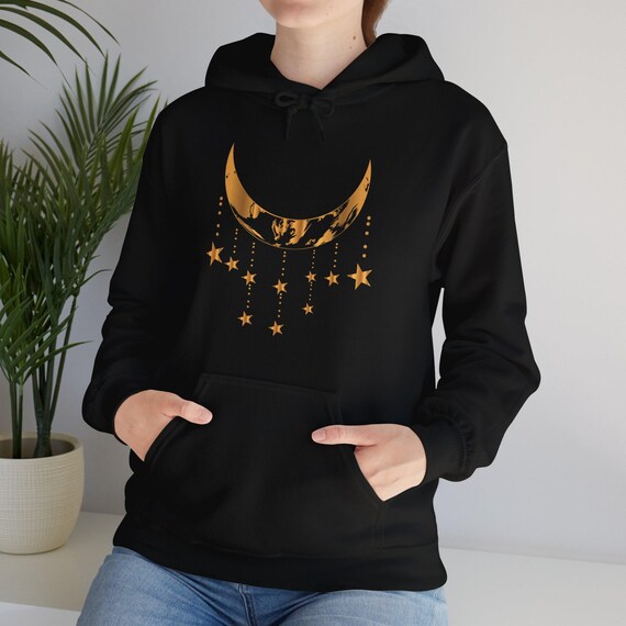Golden Moon and Stars Hoodie, Celestial Crescent Boho Sweatshirt, Mystical Night Sky Art, Cosmic Graphic, Unisex Pullover, Heavy Blend,