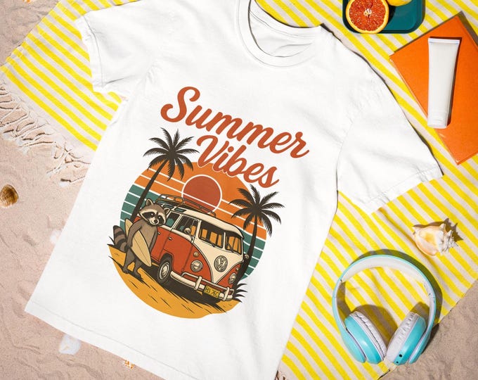 Summer Vibes T-Shirt - Retro Raccoon Beach Van Tee, Surf & Sunset Graphic Unisex Shirt