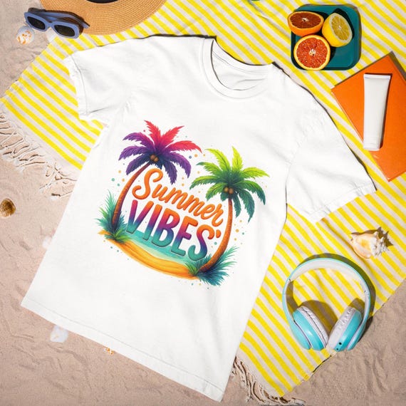 Colorful Summer Vibes T-Shirt - Vibrant Tropical Palm Tree Tee, Retro Sunset Beach Shirt