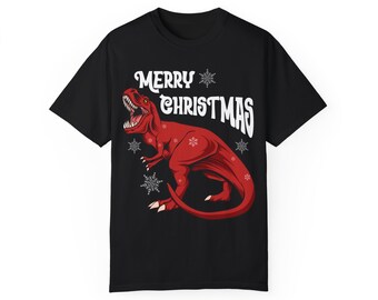 Merry Christmas Dinosaur Shirt, T-Rex Xmas Tee, Funny Holiday Graphic Top, Red Dino Christmas Gift for Kids and Adults